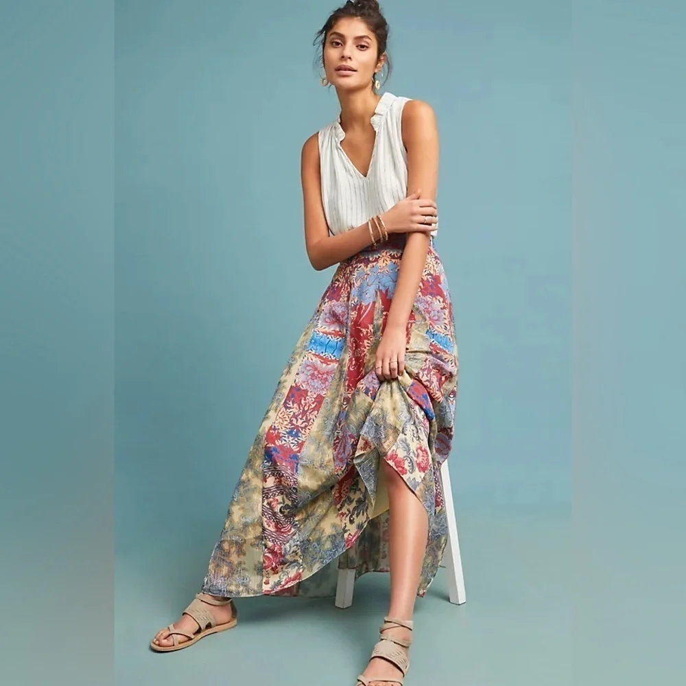 Anthropologie Hemant & Nandita Red Gold Blue Floral Louvre Maxi Skirt SZ L